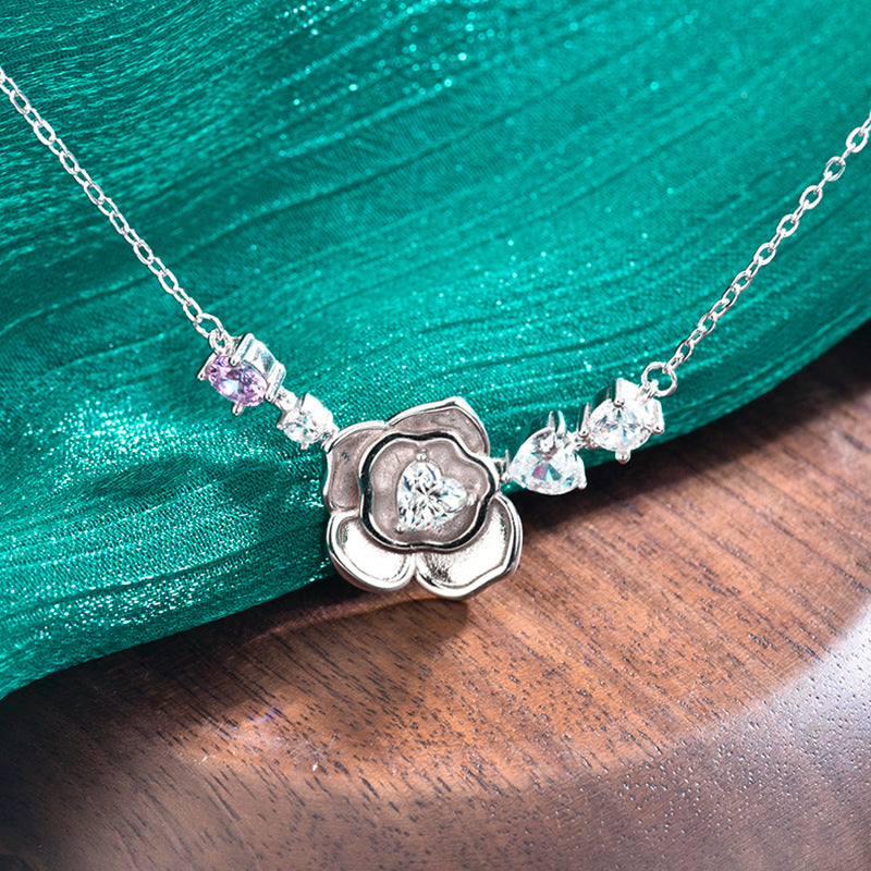 S925 Sterling Silver Moissanite Heart-Shaped Pendant Rose Necklace