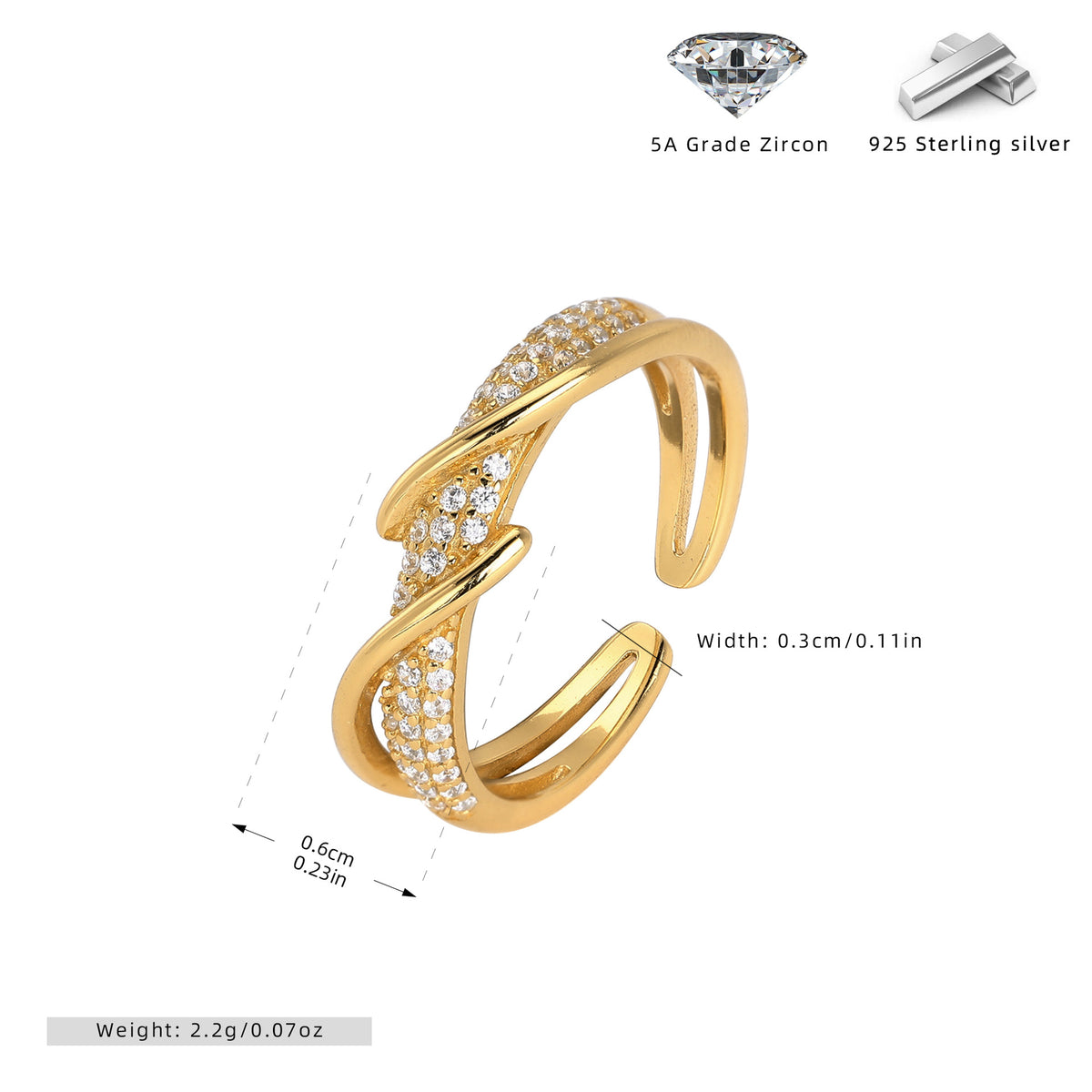 Minimalist style zircon-set open-style index finger ring, S925 sterling silver, intertwined design, understated luxury