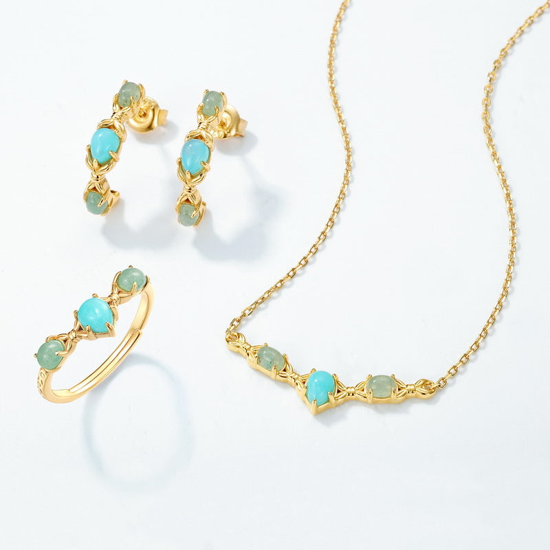 S925 Sterling Silver 10k Gold V-Shaped Necklace Inlaid with Amazonite
