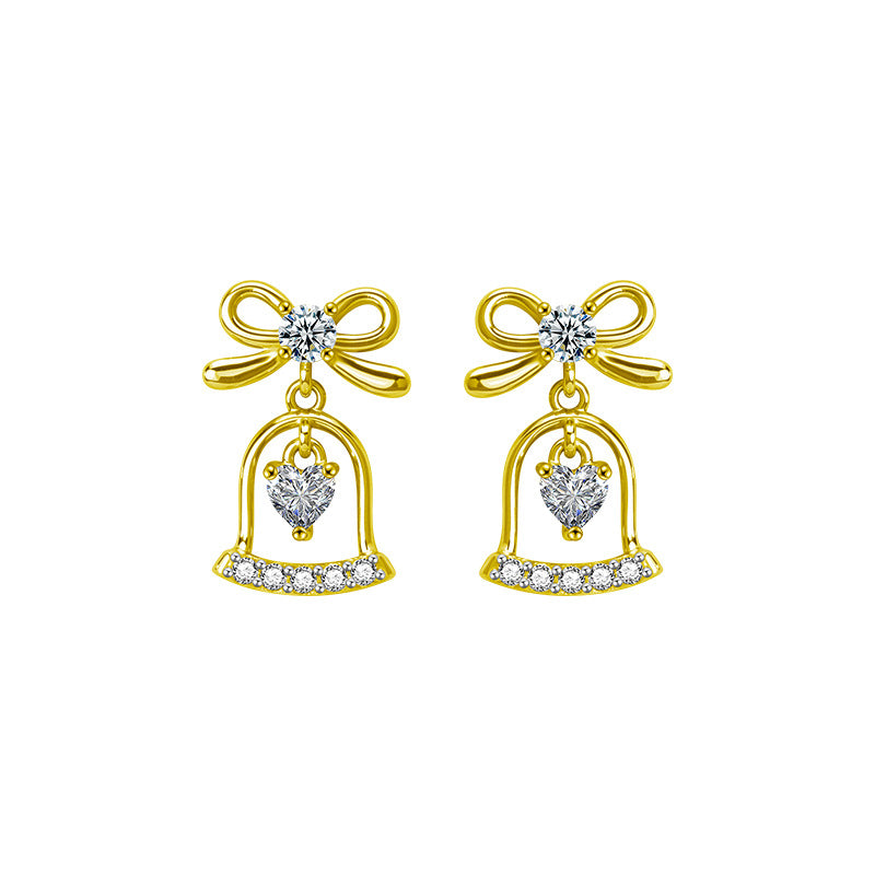 S925 Sterling Silver Moissanite Bow Bell Earrings Christmas Jewelry