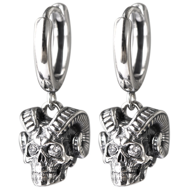 S925 Sterling Silver Halloween Ram-Horned Skull Zircon Earrings