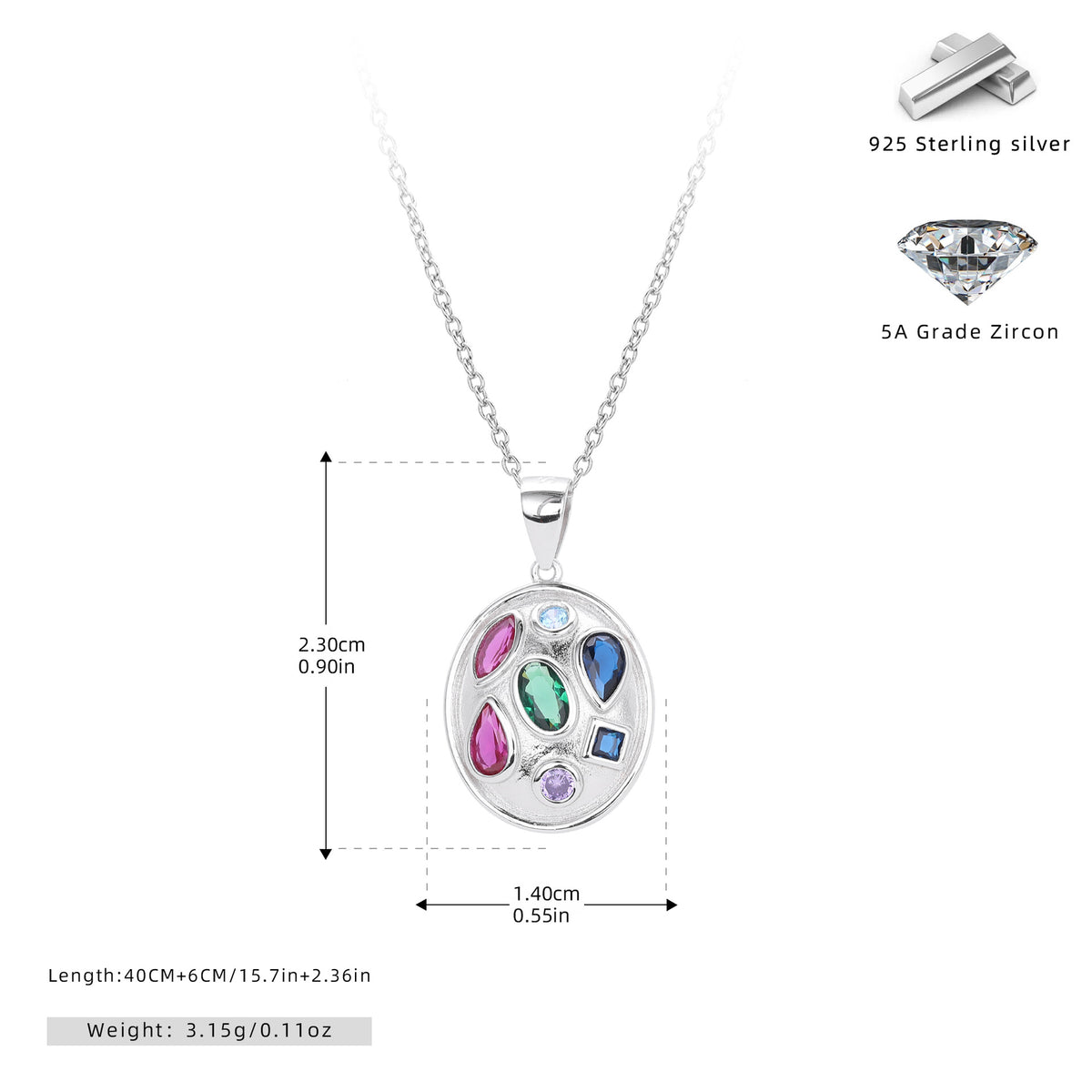 S925 Sterling Silver Color Zirconium Pendant Necklace