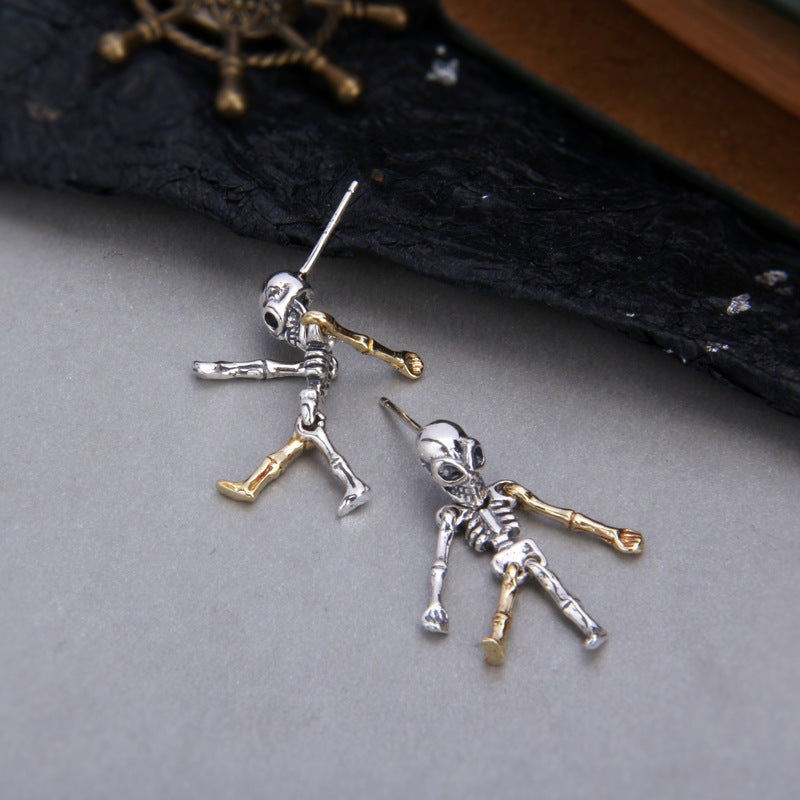 S925 Sterling Silver Halloween Articulated Skeleton Stud Earrings