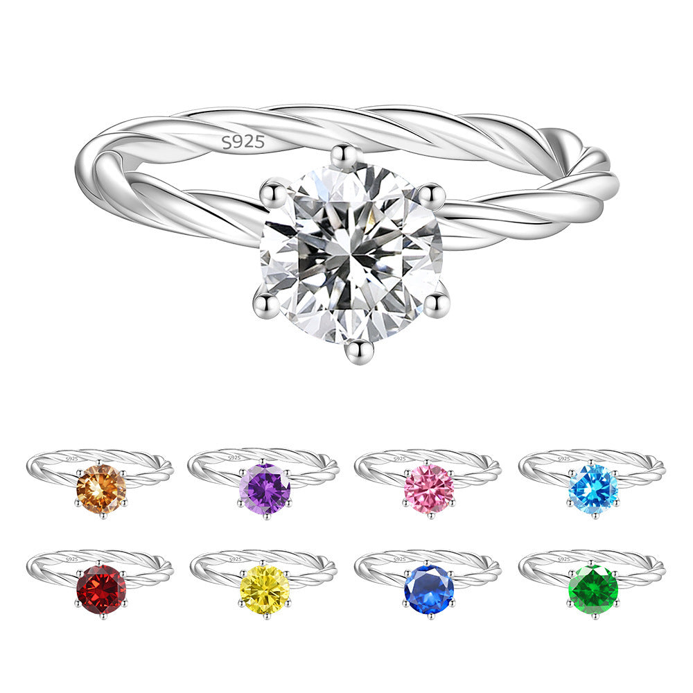 S925 Sterling Silver Twisted-Band Ring with Colorful Moissanite