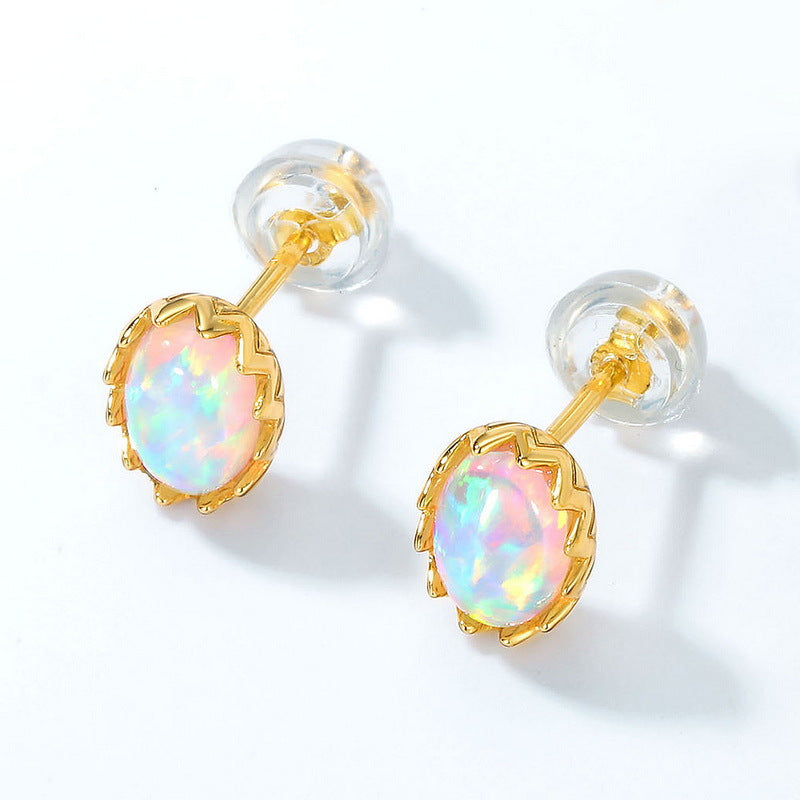 S925 Sterling Silver Gold-Plated Vintage Opal Stud Earrings