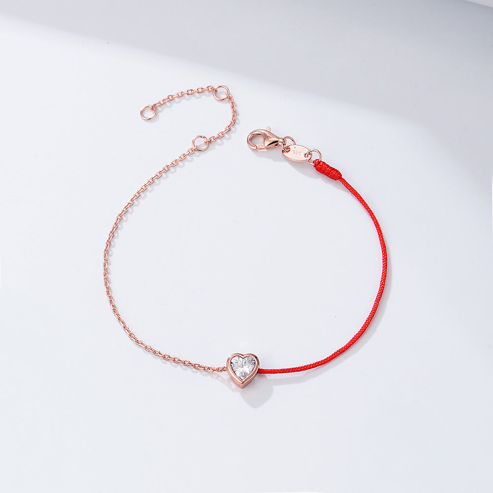 S925 Sterling Silver Heart-Shaped Zircon Stitching Colored Rope Bracelet