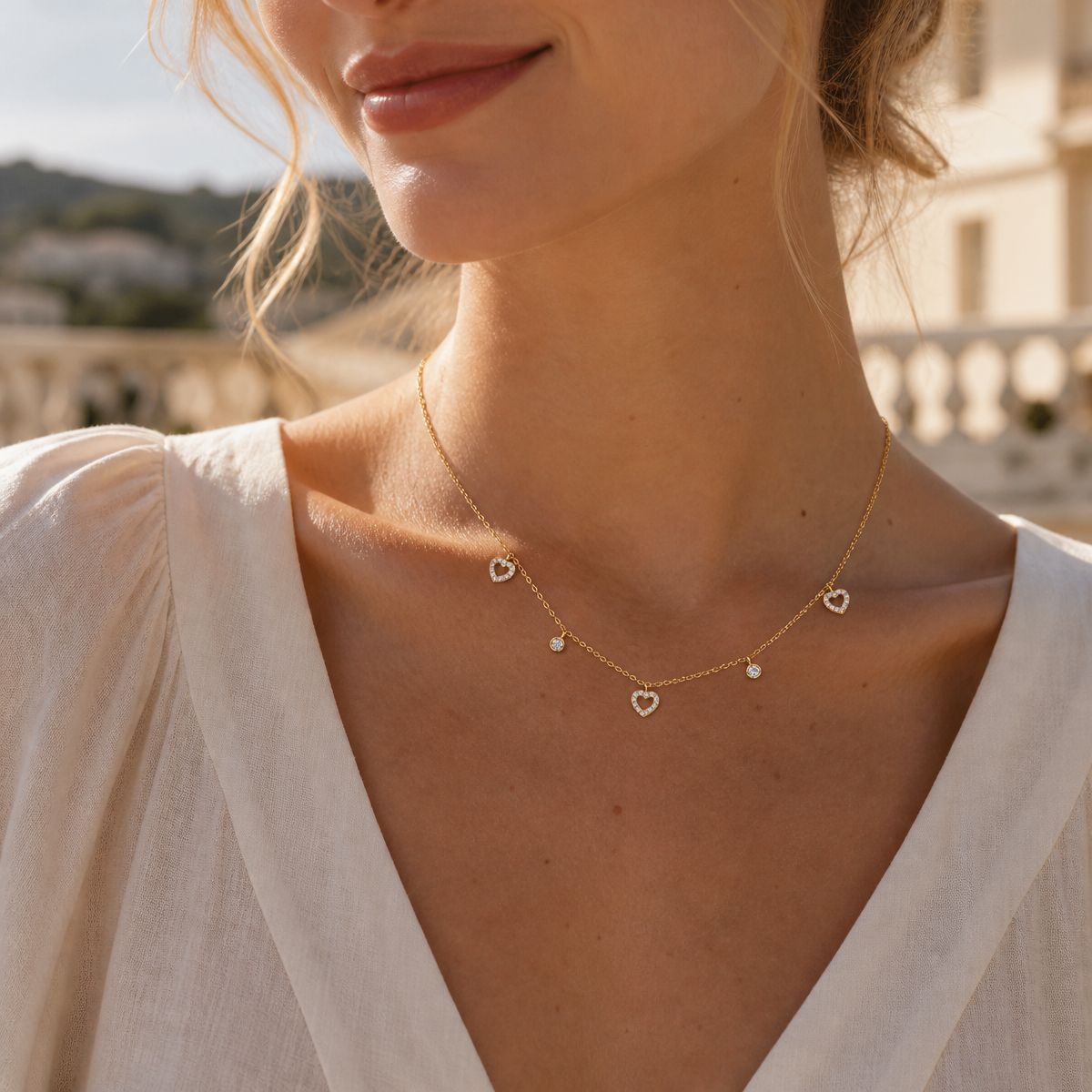Pave CZ Heart Station Necklace in 925 Sterling Silver