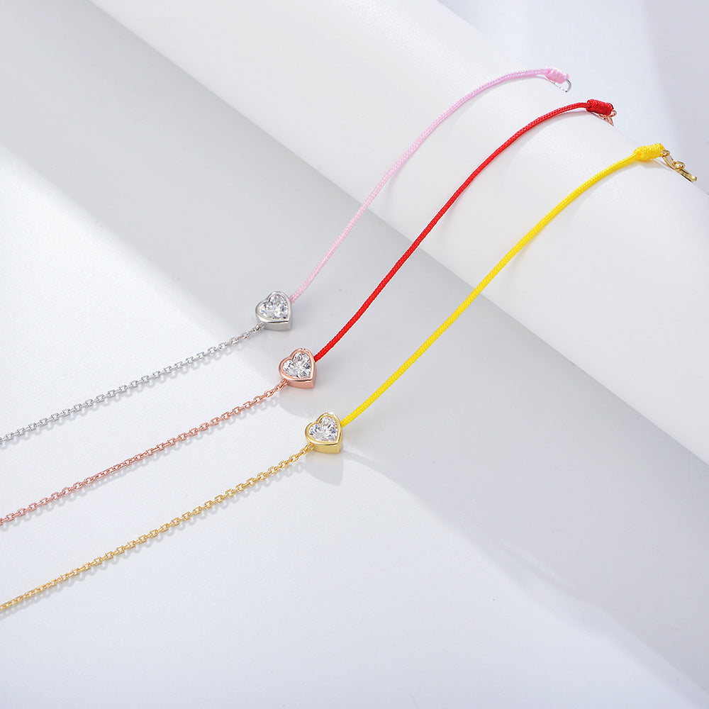 S925 Sterling Silver Heart-Shaped Zircon Stitching Colored Rope Bracelet