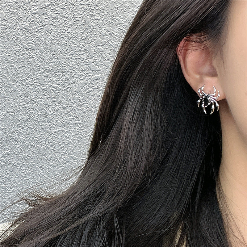 S925 Sterling Silver Distressed-Finish Spider Halloween Earrings