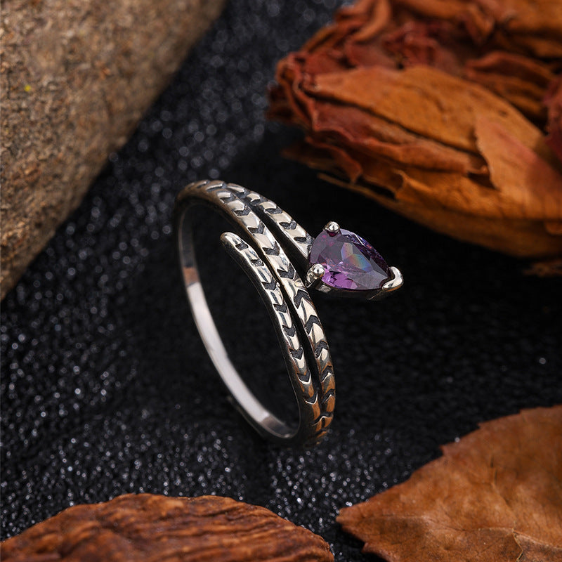 S925 Sterling Silver Halloween-Style Antiqued Snake Ring Set with Purple Zirconia