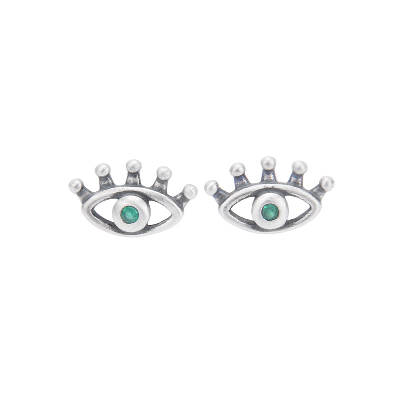 S925 Sterling Silver Halloween Green Demon Eye Stud Earrings with Eyelashes