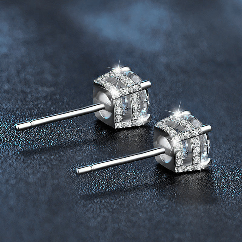 925 Sterling Silver Four-Prong Stud Earrings — Fully Set with Moissanite