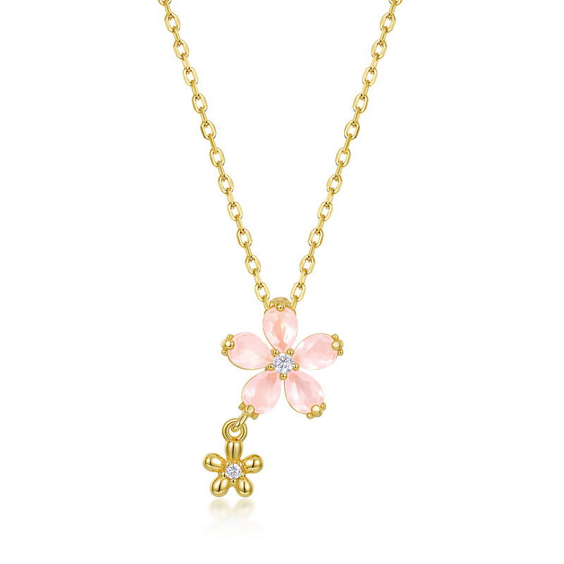 S925 Sterling Silver Plating 10K Gold Pink Little Flower Pendant Necklace 