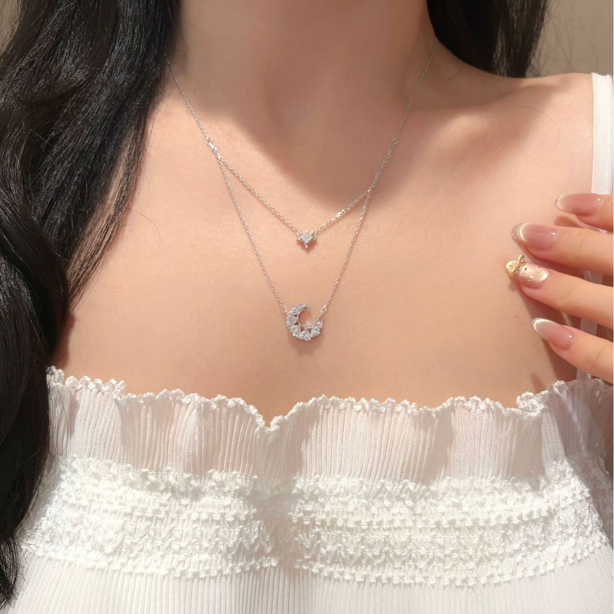 S925 Sterling Silver Double-Layer Moon and Star Moissanite Pendant Necklace