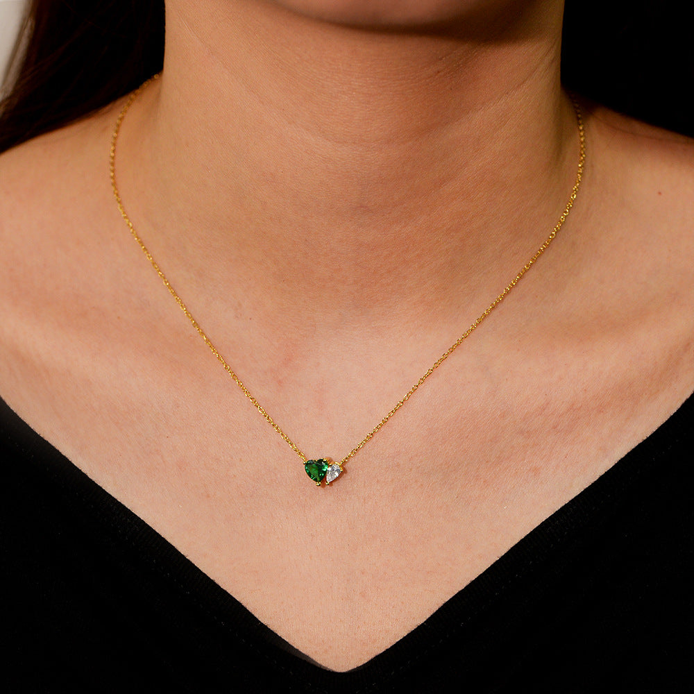 S925 Sterling Silver Emerald Heart-Shaped Zircon Necklace
