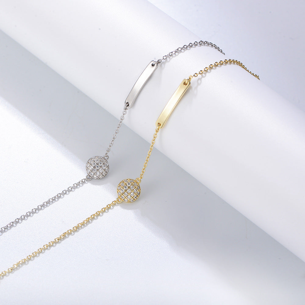 S925 Sterling Silver Geometry Glossy Long Chain Bracelet with Zircon Inlaid