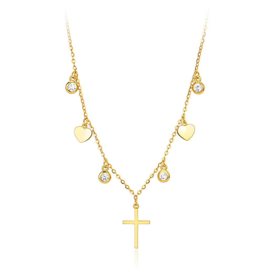 Dainty CZ Heart Cross Charm Necklace in 925 Sterling Silver