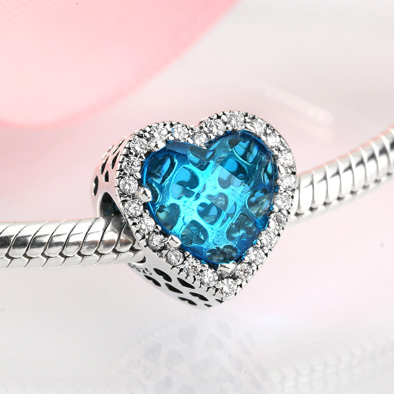 S925 Loving Heart in Sterling Silver Blue Crystal Beaded Pendant