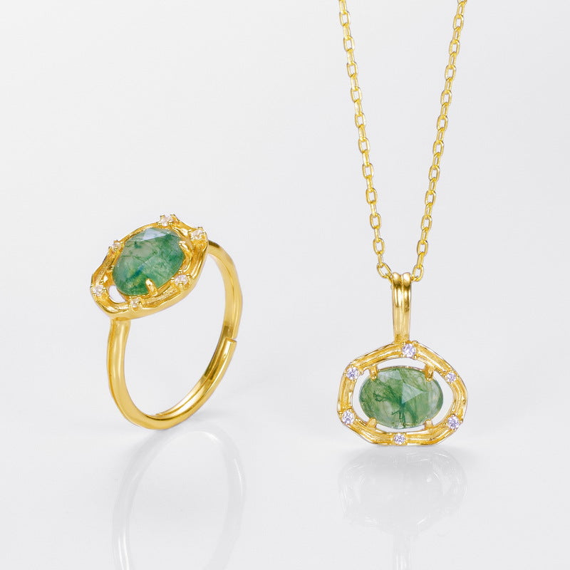S925 Sterling Silver Gold-Plated Green Moss Pendant Necklace