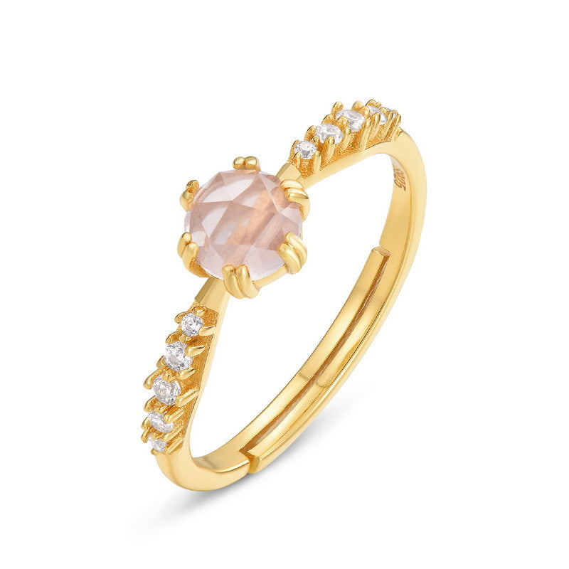 S925 Sterling Silver Gold Plated Natural Rose Quartz Ring