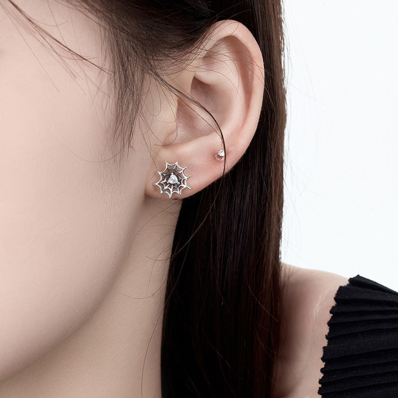 S925 Silver Halloween Spiderweb Stud Earrings