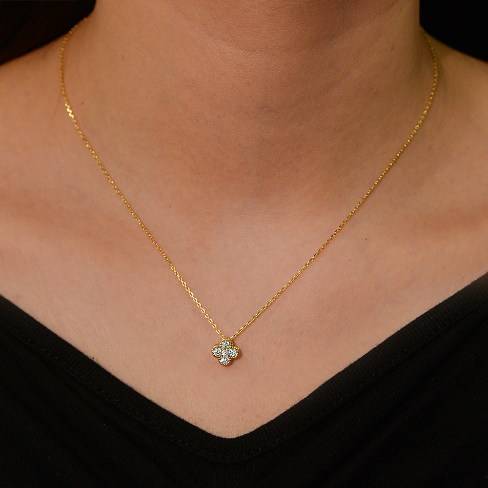 S925 Sterling Silver Zircon Inlaid Four Leaf Clover Necklace