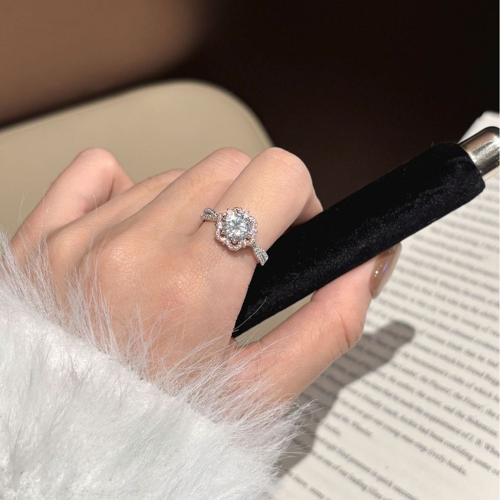 s925 Sterling Silver 1-Carat Moissanite Flower Ring with Twisted Shank
