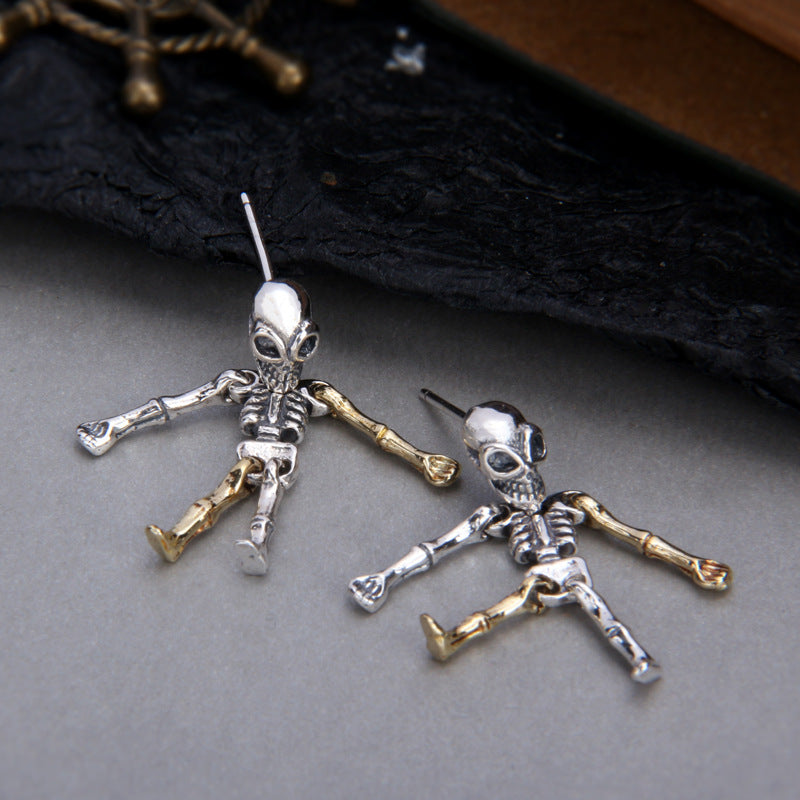 S925 Sterling Silver Halloween Articulated Skeleton Stud Earrings