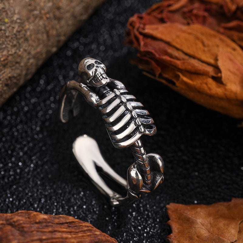 S925 Sterling Silver Halloween Distressed Open Skull Ring