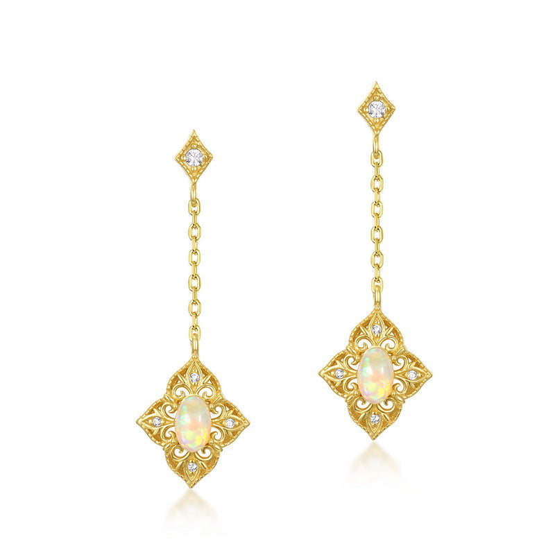 S925 Sterling Silver Gold-Plated Opal-Inlaid Long Stud Earrings