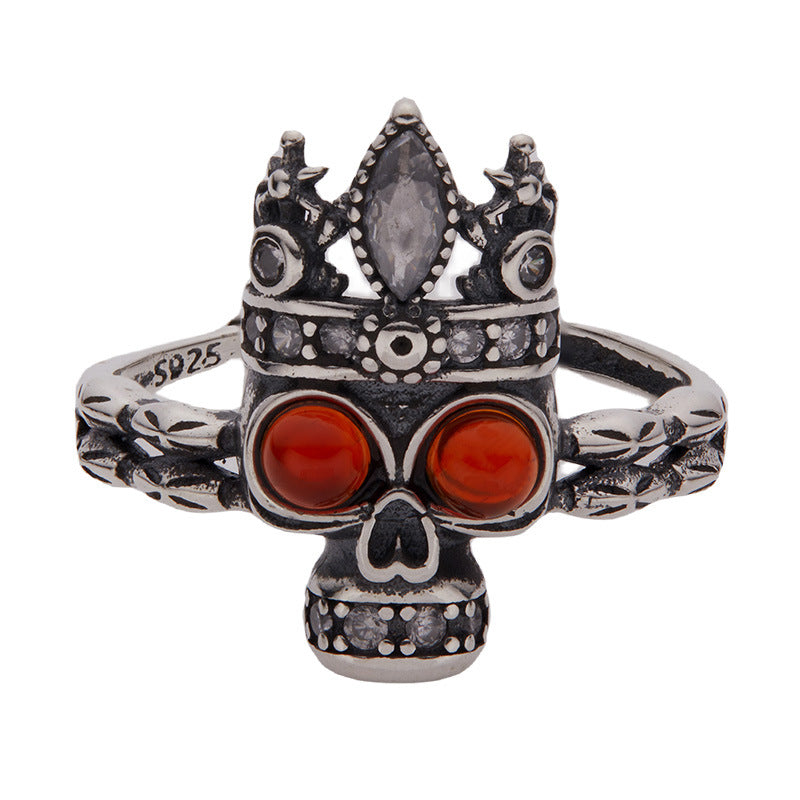 S925 Sterling Silver Distressed Crown Skull Halloween Ring