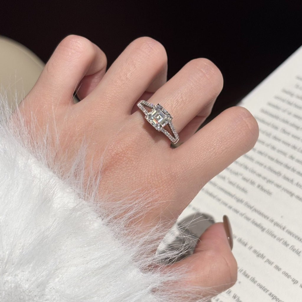 S925 Sterling Silver Square Ring with Colored Moissanite