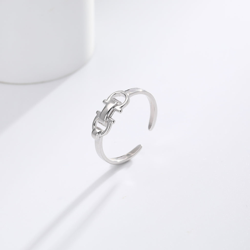 S925 Sterling Silver Trendy Leather Buckle Double D Opening Ring
