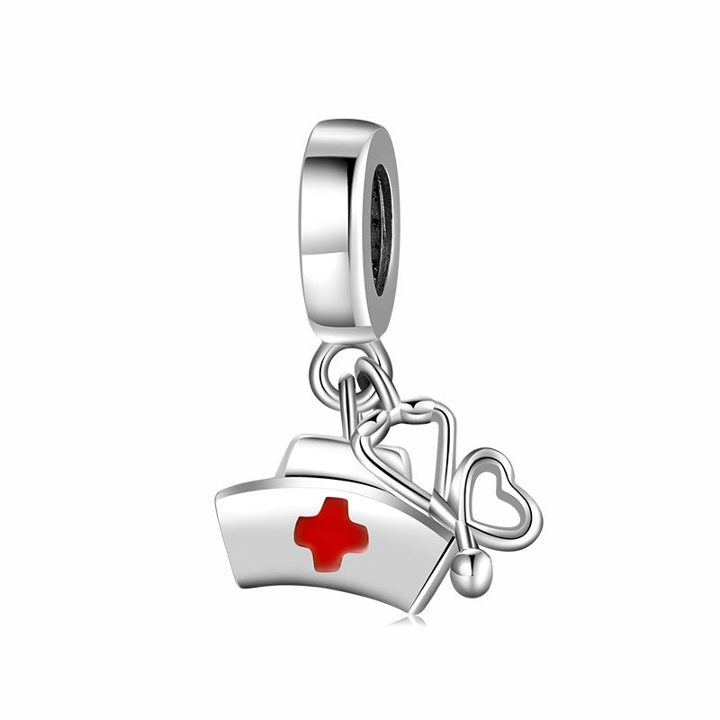 S925 Sterling Silver Nurse Cap Love Heart Stethoscope Pendant