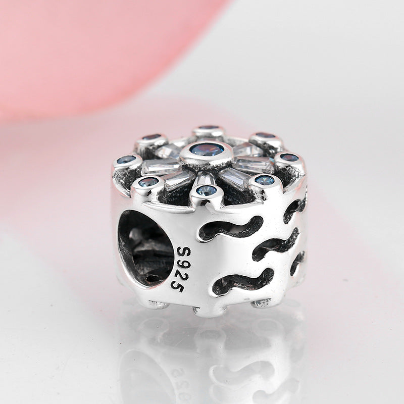 S925 Sterling Silver Snowflake Beaded Blue Zircon Pendant