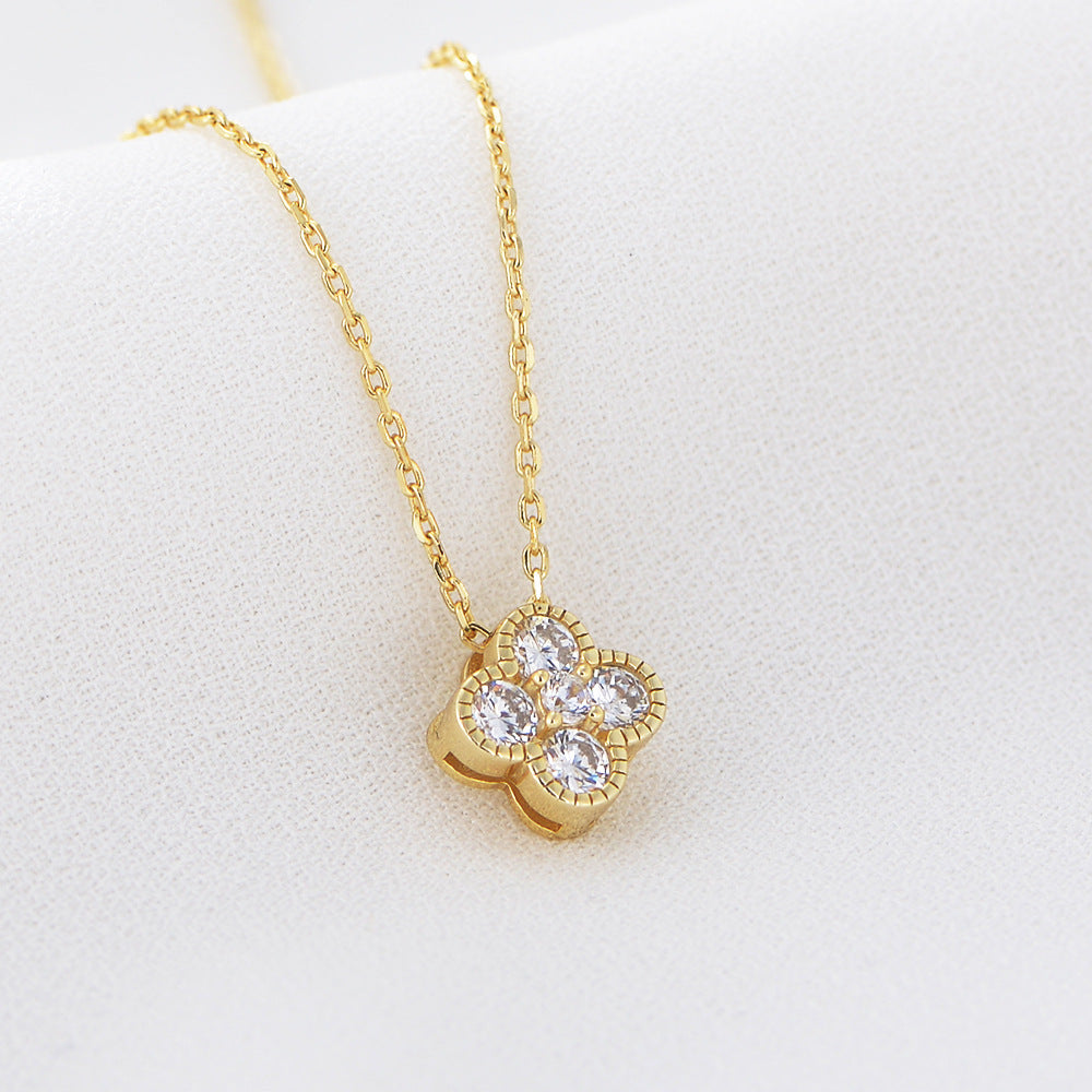 S925 Sterling Silver Zircon Inlaid Four Leaf Clover Necklace