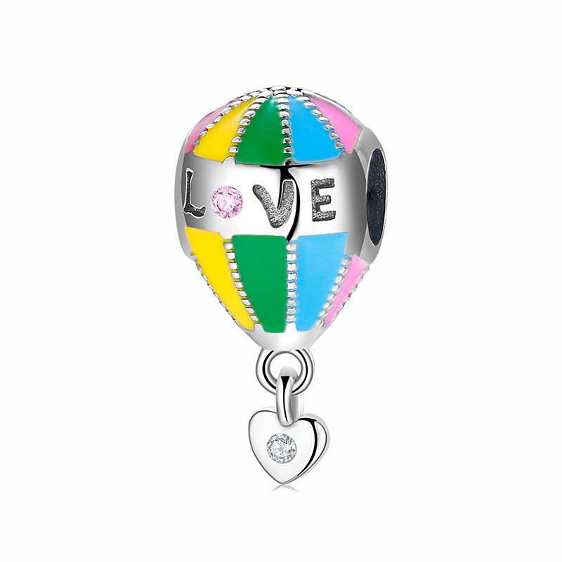 S925 Sterling Silver Hot Air Balloon Painted Love Loving Heart Zircon Pendant