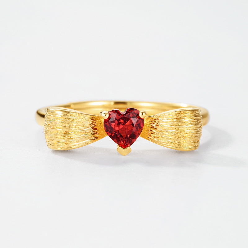 S925 Sterling Silver Gold-Plated Garnet Bow Ring