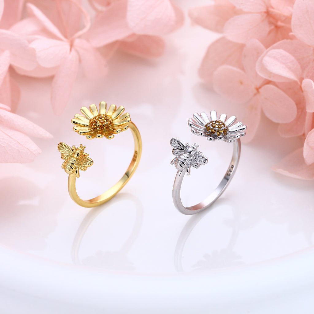 S925 Sterling Silver Creative Personalized Sunflower Bee Zirconia Ring