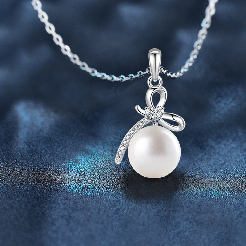 S925 Sterling Silver Natural Freshwater Pearl Moissanite Bow Pendant Necklace