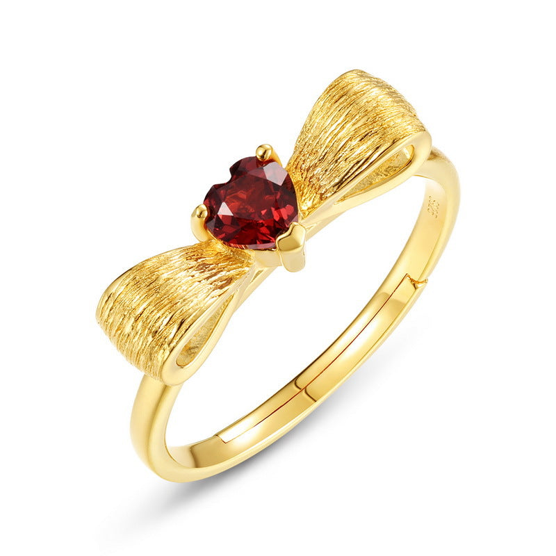 S925 Sterling Silver Gold-Plated Garnet Bow Ring