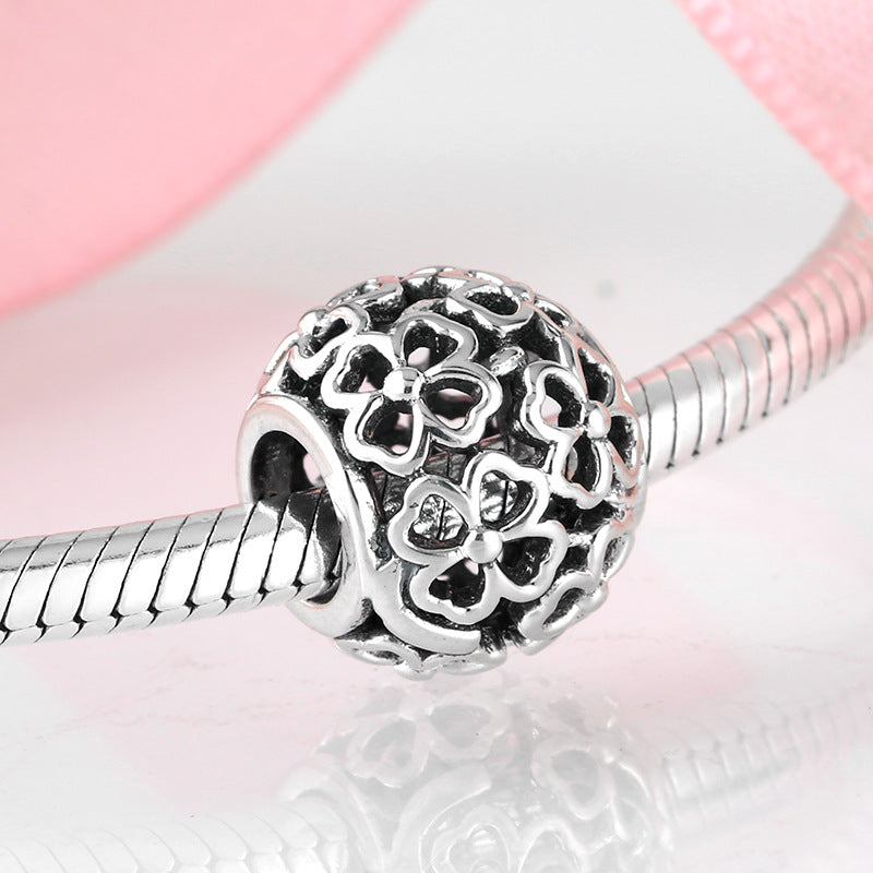 S925 Sterling Silver Hollow Out Four-Leaf Clover Beaded DIY Bracelet Accessories Fashion Jewelry