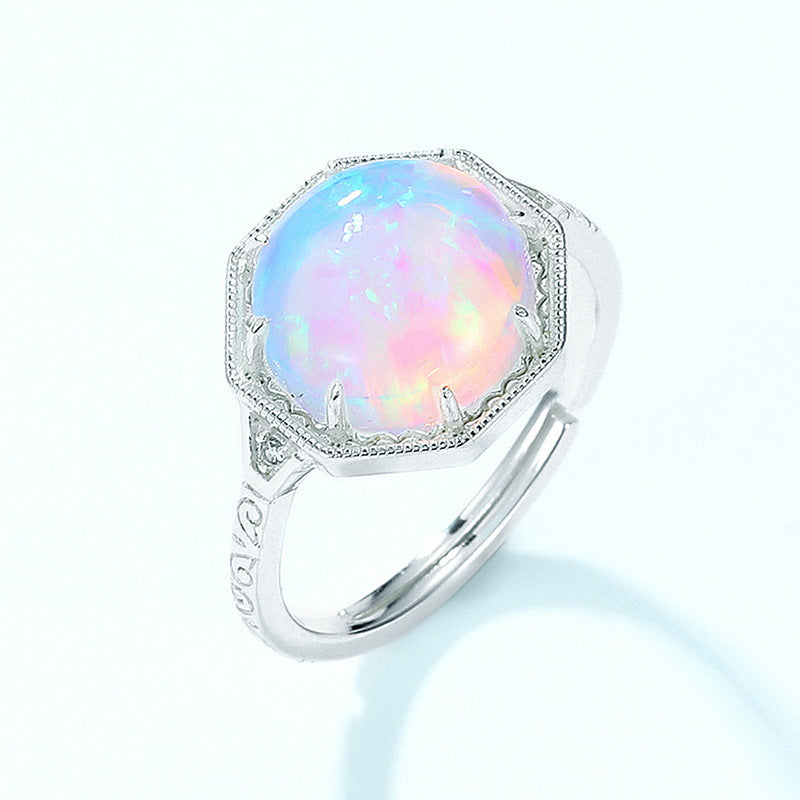 S925 Sterling Silver Hexagonal Opal Buckle Ring