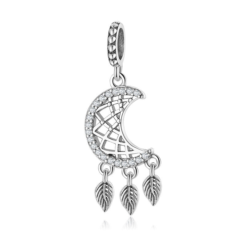 S925 Sterling Silver Moon Hollow Inlaid Zirconium Tassel Leaf Pendant