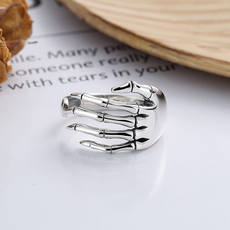 S925 Sterling Silver Halloween Skeleton Hand Open Ring