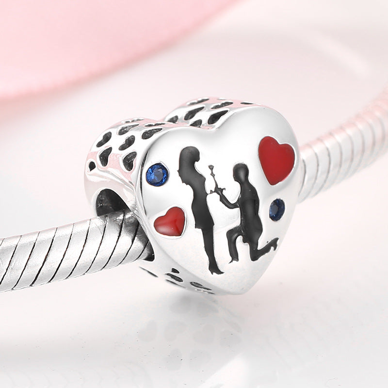 S925 Sterling Silver Loving Heart Shape Hollow Couple Silhouette Zircon Pendant 