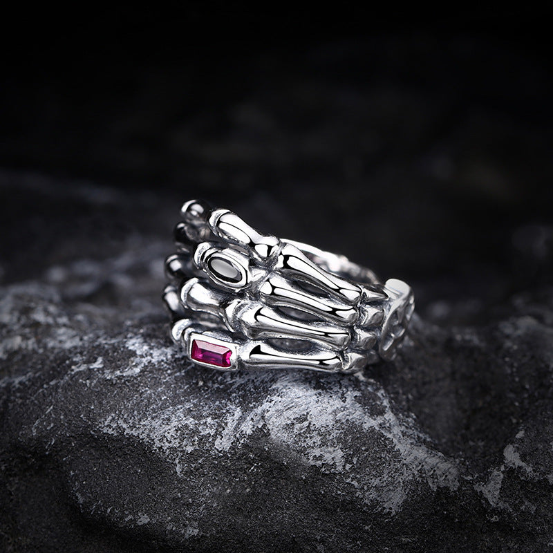 S925 Sterling Silver Halloween Skull Claw Open Ring