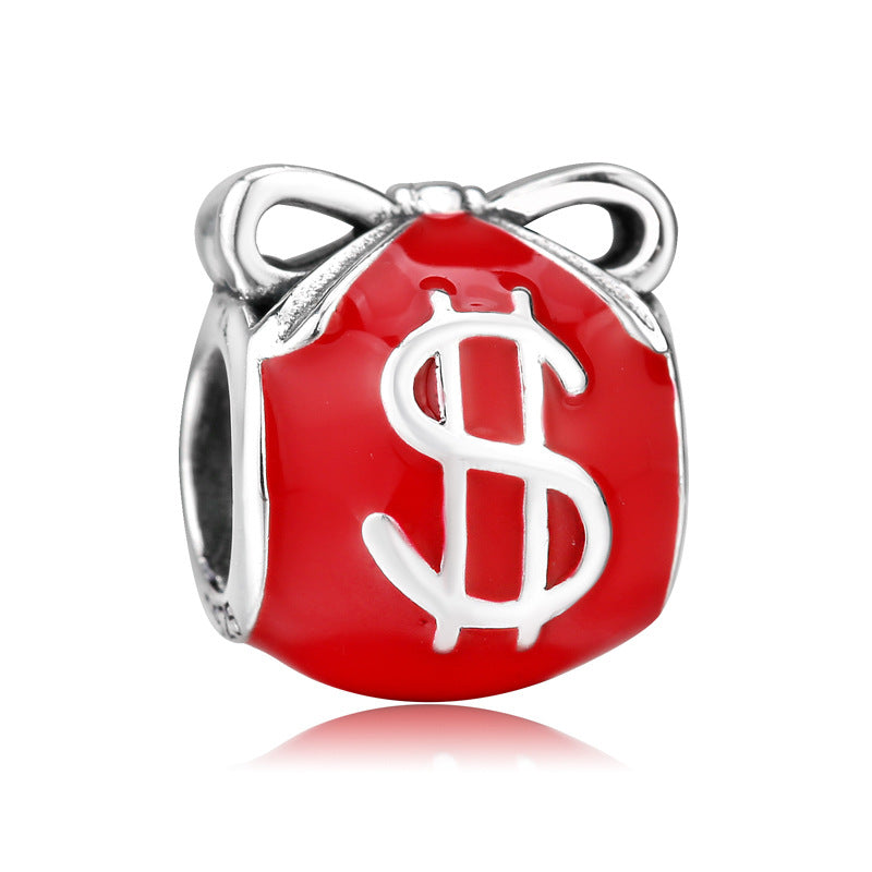 S925 Sterling Silver Red Dollar Symbol Purse Lucky Bracelet Pendant