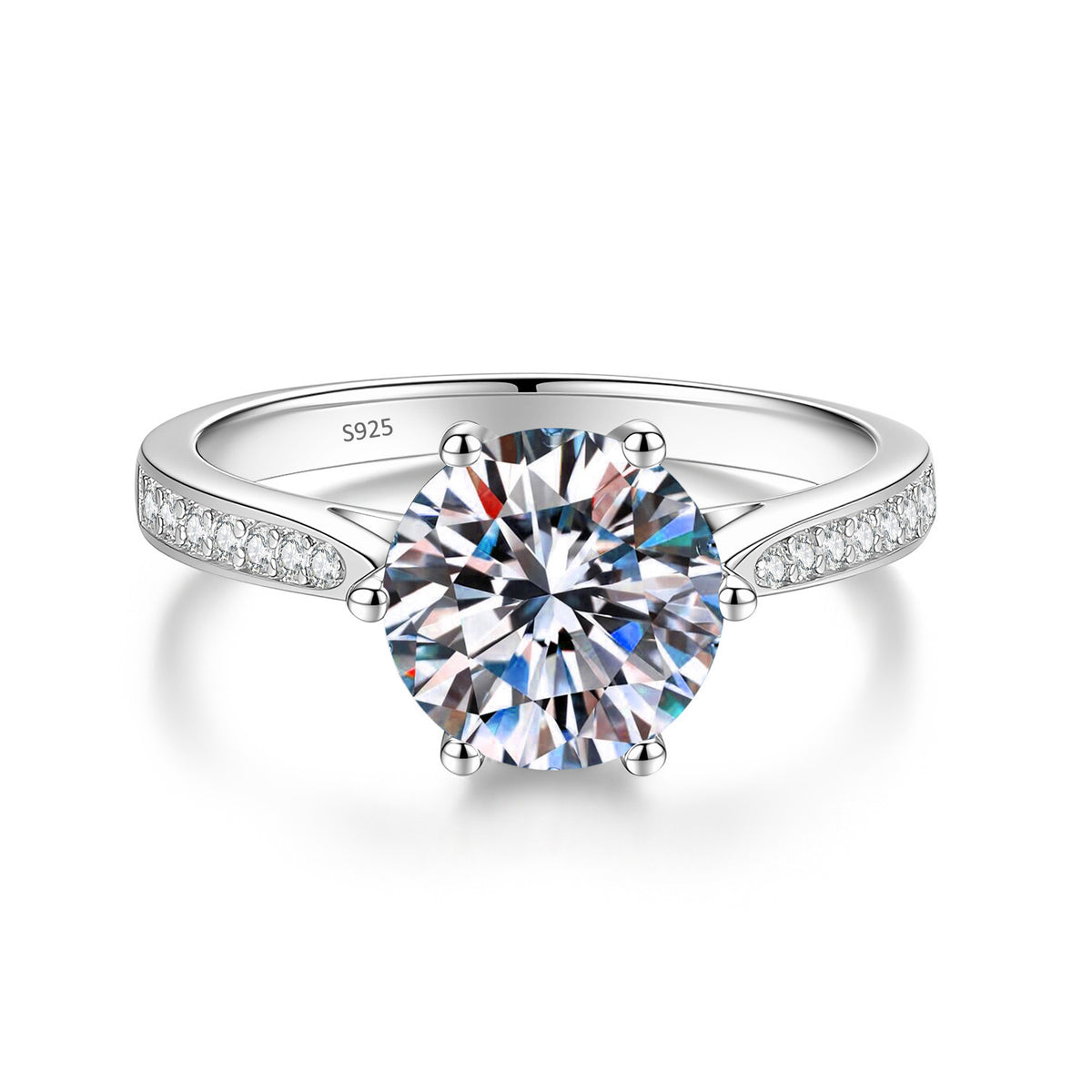 S925 Sterling Silver Six-Prong Round Colored Moissanite Ring