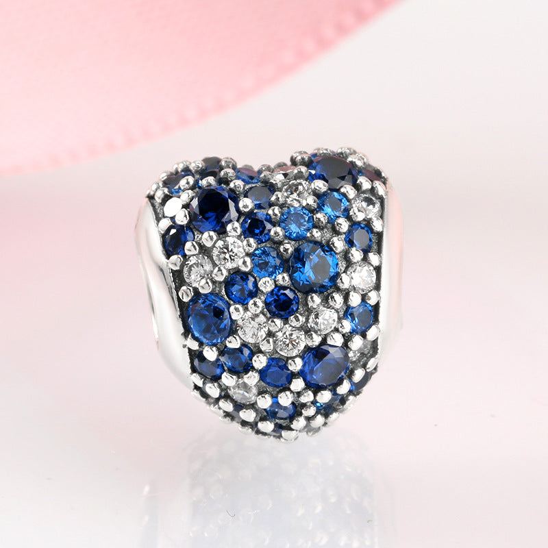 S925 Sterling Silver Zircon Blue Sparkling Heart Bead Pendant